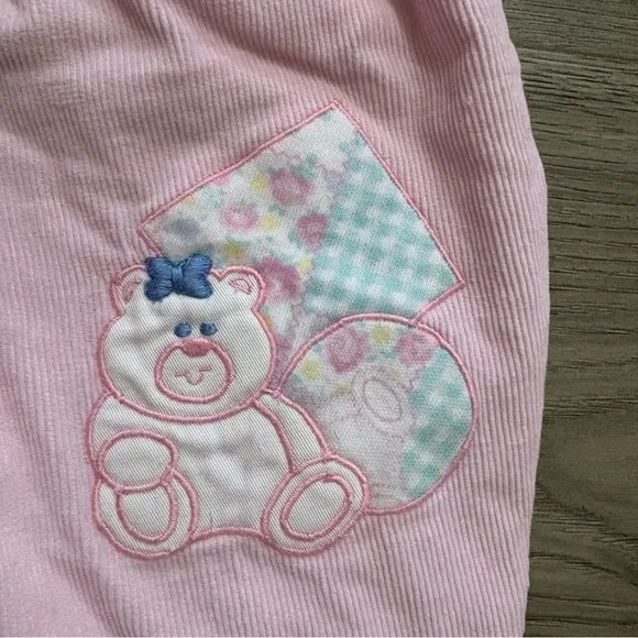 Vtg Pink Corduroy Romper Overalls Embroidered Teddy Bear Balloon 6-9 Months - Picture 10 of 11